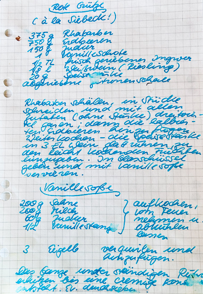 Handgeschriebenes Rezeot für rote Grütze nach Wolfram Siebeck.