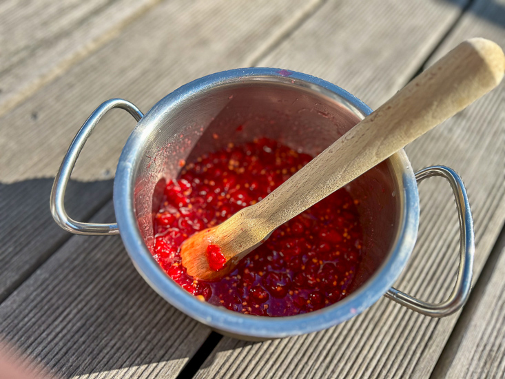 Topf mit frisch zerdrückten roten Johannisbeeren und Holzlöffel, auf einer Terrasse im Sonnenlicht