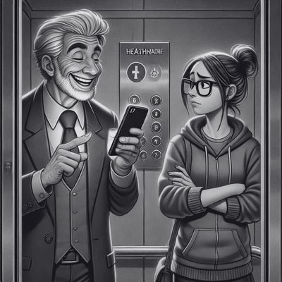 Illustration: Älterer Mann im Anzug zeigt begeistert sein Smartphone, junge Frau im Hoodie blickt skeptisch – Szene in einem Aufzug.