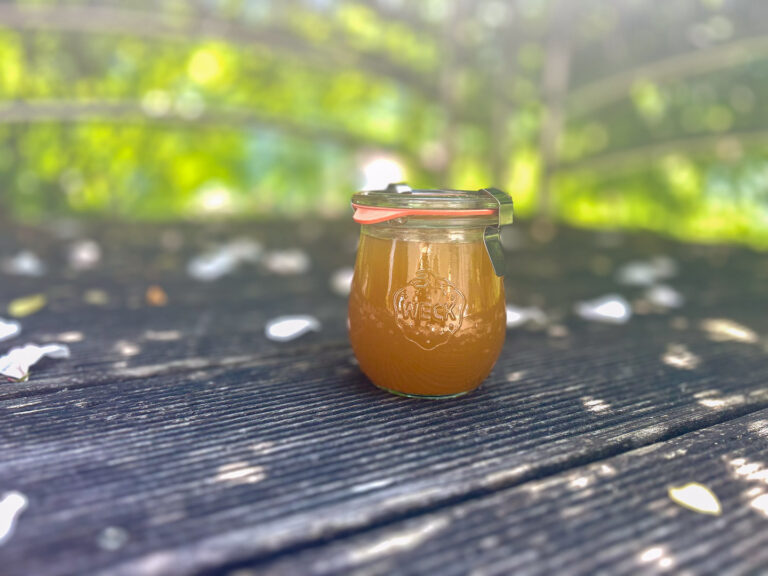 Abgefülltes Holunderblütengelee im Weckglas – goldfarben, lichtdurchflutet, auf dunklem Holz im Schatten eines Sommertags.