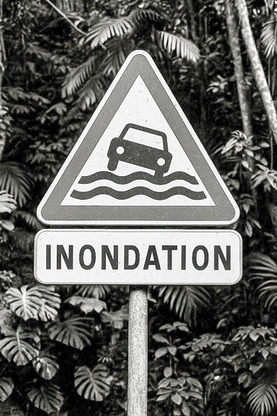 Warnschild „Inondation“ mit Auto und Wellen, aufgenommen vor dichtem tropischem Grün auf La Réunion – Hinweis auf plötzliche Überflutungen.