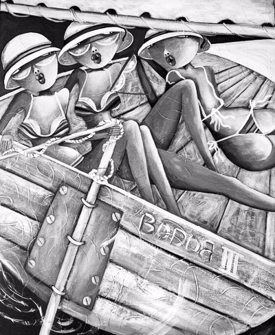 llustration von drei entspannten Figuren im Boot – Sinnbild für Nichts tun auf La Réunion.