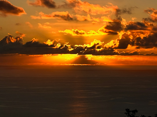 Sonnenuntergang über dem Meer auf La Réunion, im Vordergrund das Dach einer Villa, Palmen und ein ruhiger Himmel in Orangetönen.