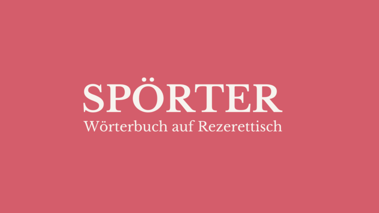 Spörter – Wörterbuch auf Rezerettisch, weißer Schriftzug auf himbeerrotem Hintergrund