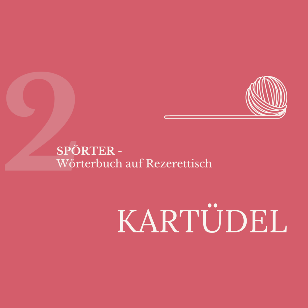 Spörter 2: Kartüdel Wollknäuel auf pinkem Hintergrund mit weißer Schrift und weißem Symbol.
