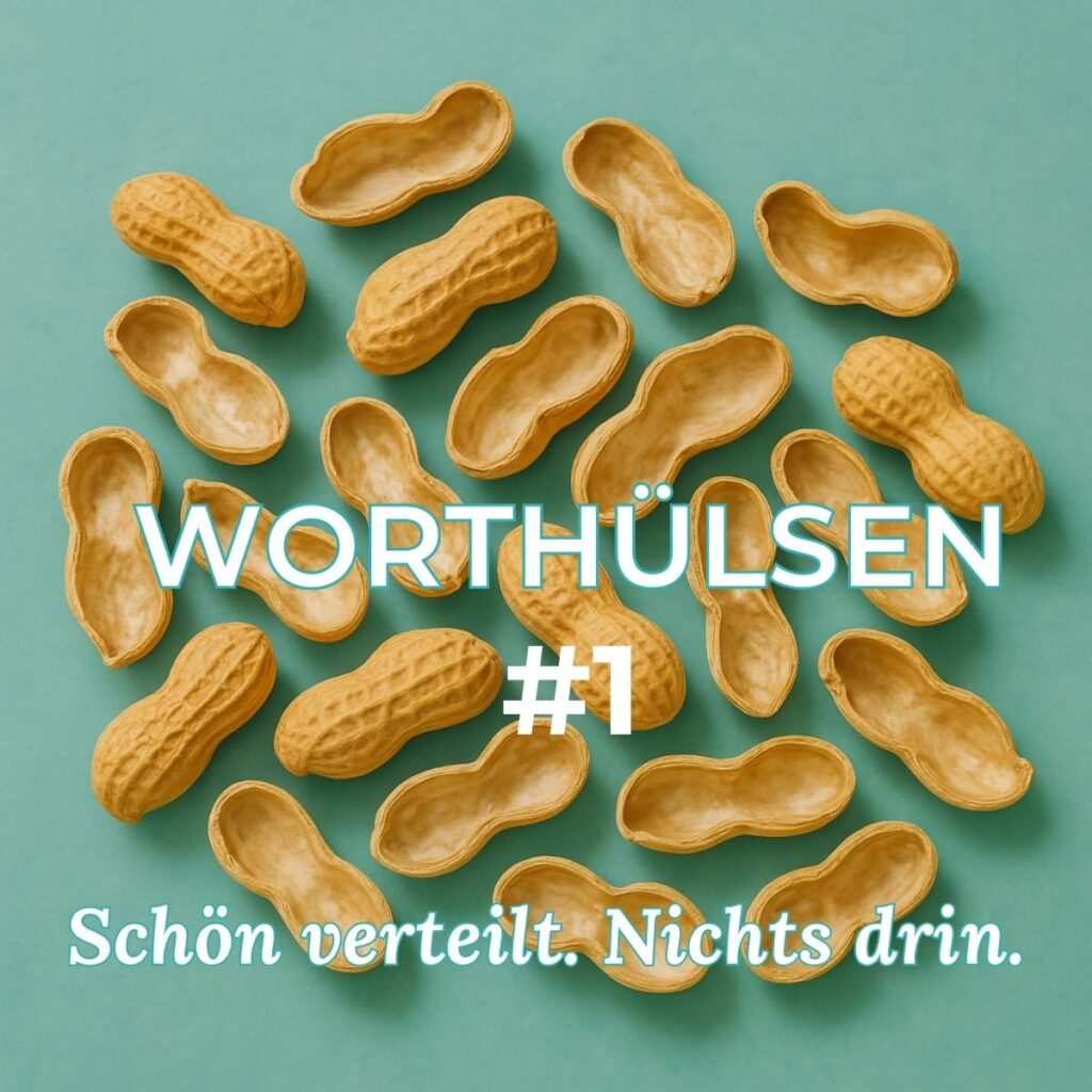 Geöffnete Erdnussschalen auf türkisfarbenem Hintergrund mit dem Text „WORTHÜLSEN #1 – Schön verteilt. Nichts drin.“
