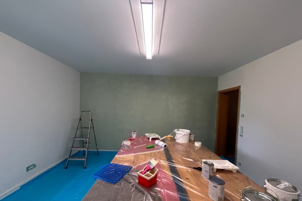 Renovierungsszene mit halbfertiger Wand in Salbeigrün, Malerplane und Arbeitsmaterialien.