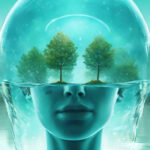 Symbolische Darstellung von Achtsamkeit: Menschliches Gesicht halb im Wasser, im Kopf spiegeln sich zwei Bäume als Sinnbild für Klarheit und innere Ruhe.