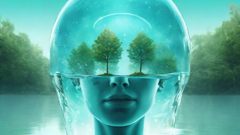 Symbolische Darstellung von Achtsamkeit: Menschliches Gesicht halb im Wasser, im Kopf spiegeln sich zwei Bäume als Sinnbild für Klarheit und innere Ruhe.