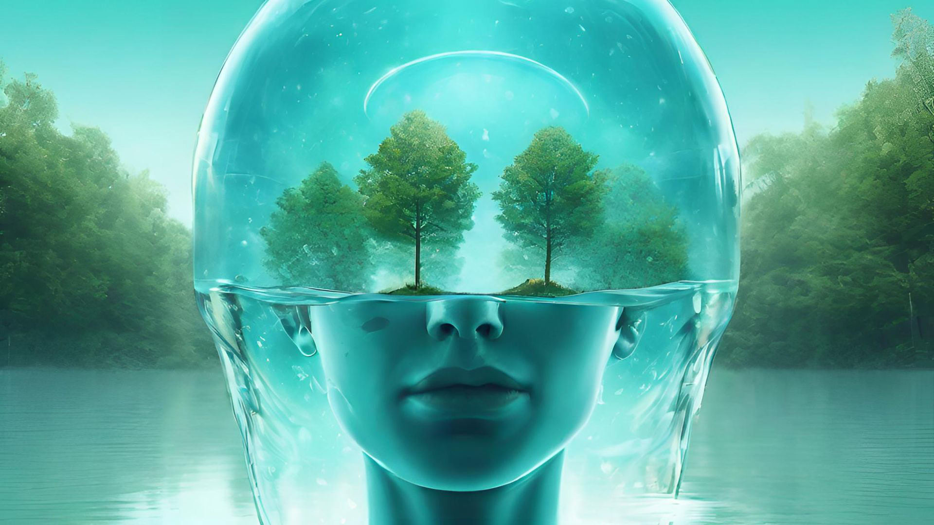 Symbolische Darstellung von Achtsamkeit: Menschliches Gesicht halb im Wasser, im Kopf spiegeln sich zwei Bäume als Sinnbild für Klarheit und innere Ruhe.