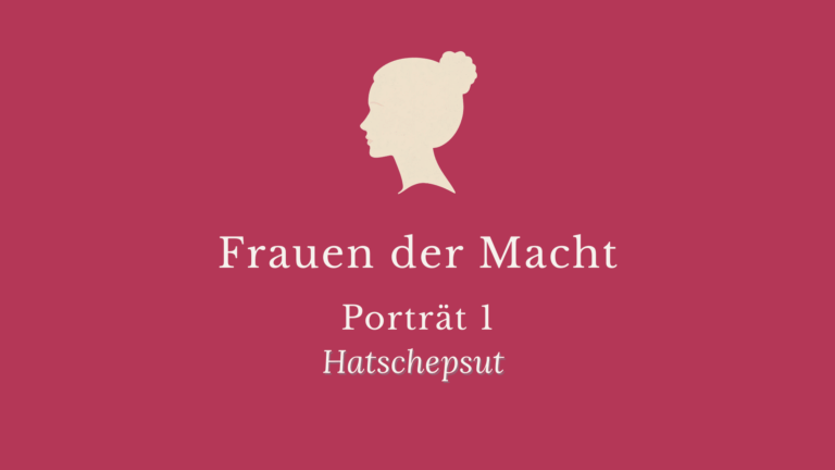 Frauen der Macht, Porträt 1 – Hatschepsut. Beige Profilsilhouette auf himbeerrotem Hintergrund.