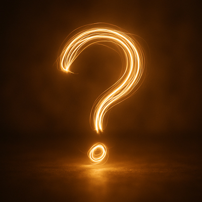 Goldenes leuchtendes Fragezeichen vor dunklem Hintergrund.