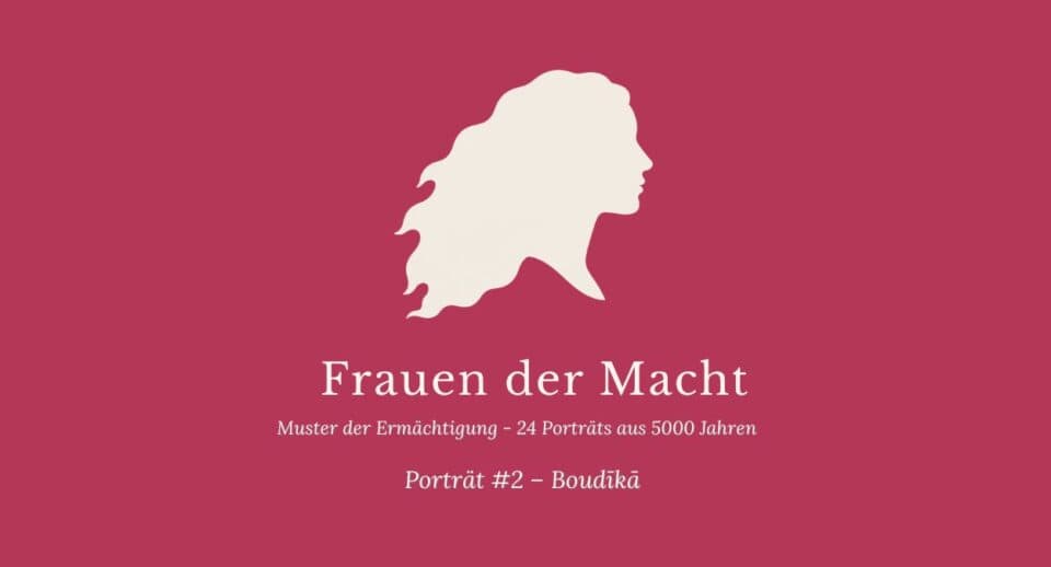 Seriencover Frauen der Macht Porträt #5 Malintzin — himbeerrotes Titelbild mit weiblicher Silhouette mit Haar im Wind im Kampf