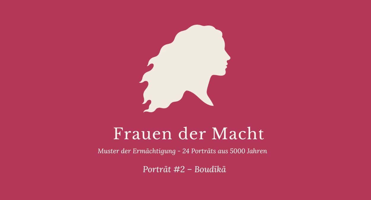 Seriencover Frauen der Macht Porträt #5 Malintzin — himbeerrotes Titelbild mit weiblicher Silhouette mit Haar im Wind im Kampf