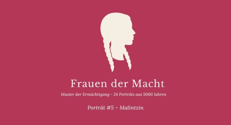 Seriencover Frauen der Macht Porträt #5 Malintzin — himbeerrotes Titelbild mit weiblicher Silhouette und geflochtenen Zöpfen