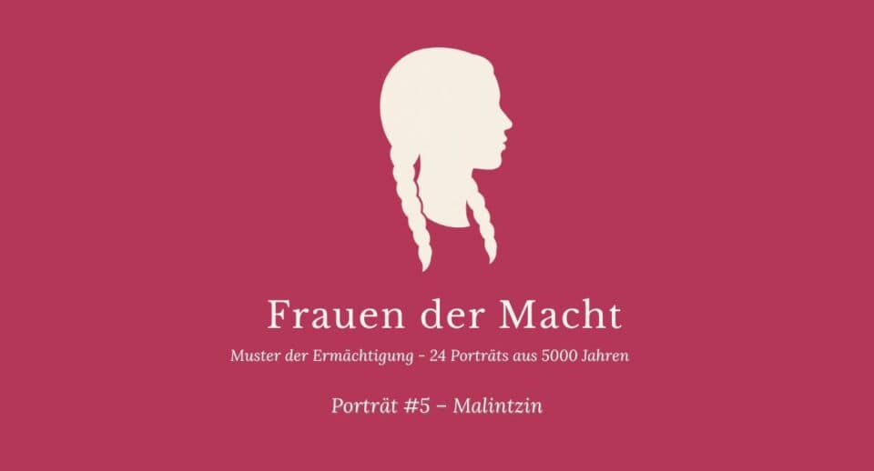 Seriencover Frauen der Macht Porträt #5 Malintzin — himbeerrotes Titelbild mit weiblicher Silhouette und geflochtenen Zöpfen