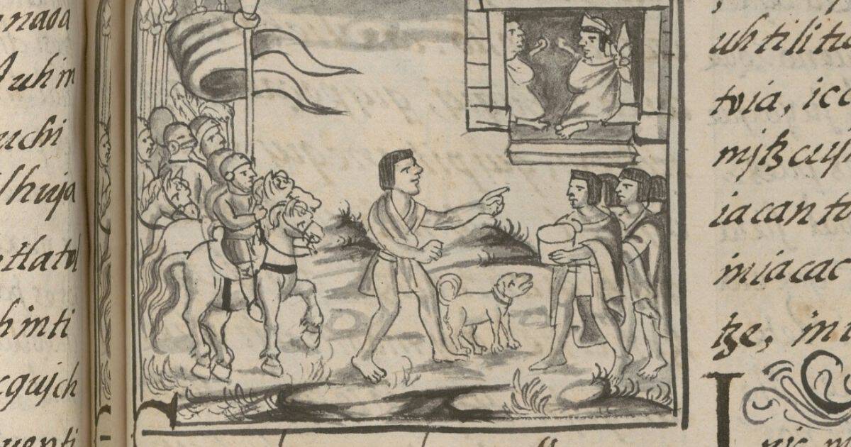 Florentinischer Codex, 16. Jahrhundert — Szene zeigt Malintzin als Dolmetscherin zwischen spanischen Conquistadoren und indigenen Gesandten