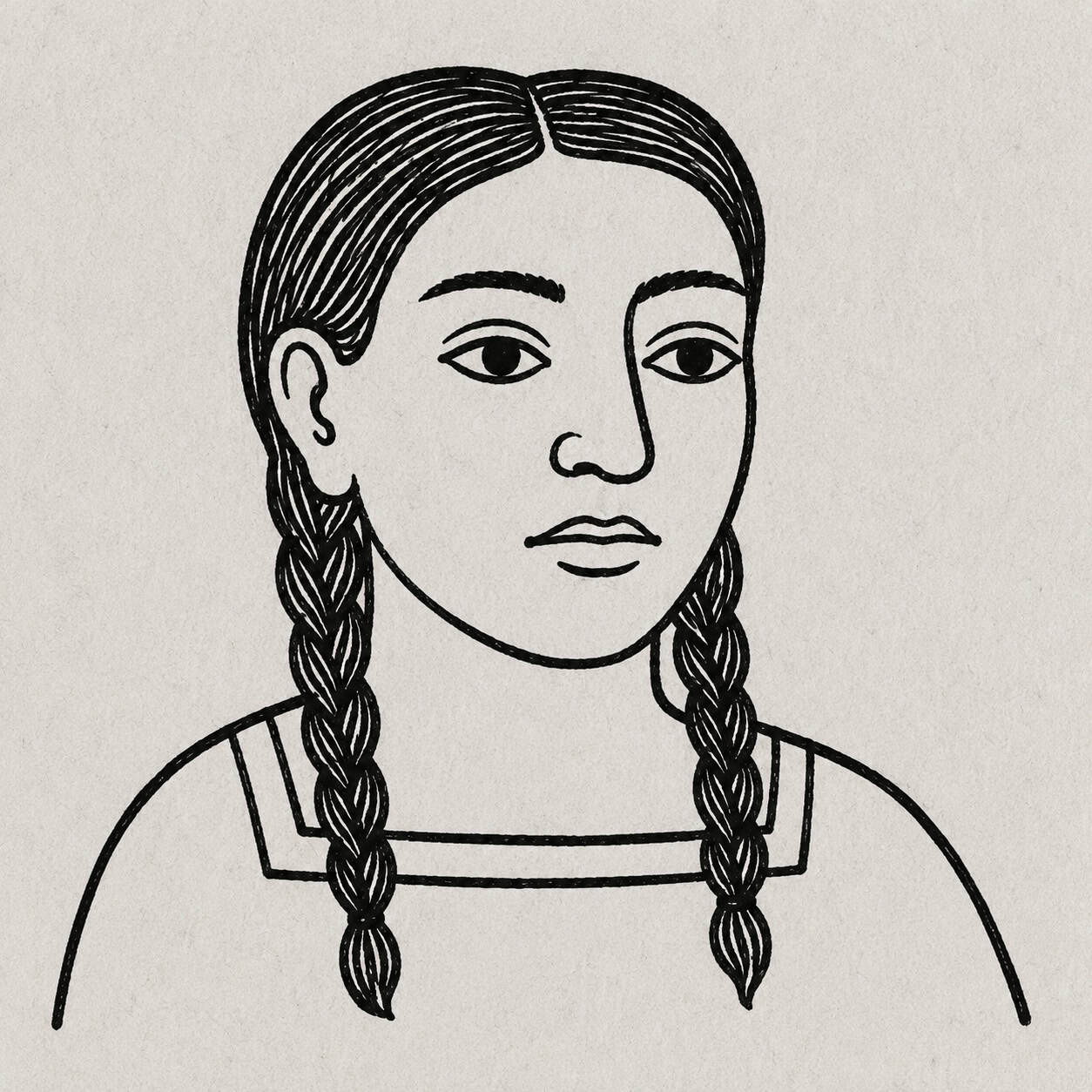 Tuschezeichnung einer indigenen Frau mit zwei Zöpfen — Porträt Malintzin, Frauen der Macht #5