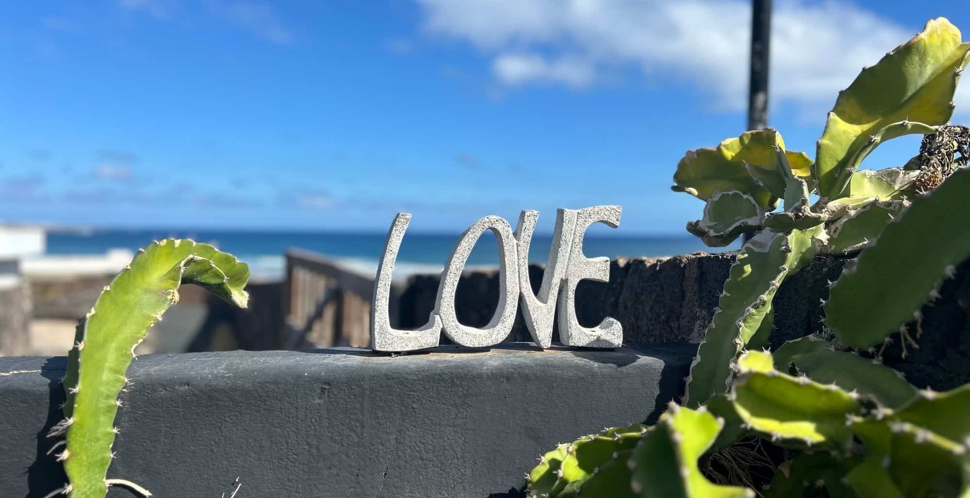 Steinschriftzug LOVE auf einer Mauer in Lanzarote, umgeben von Kakteen, Meer im Hintergrund.