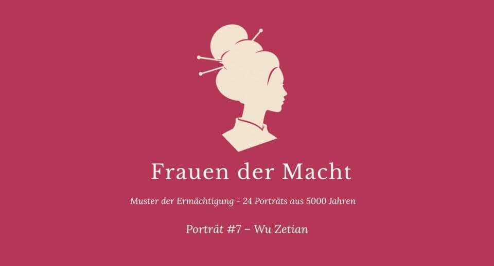 Serienbild Frauen der Macht, Porträt 7: Wu Zetian. Helle Frauensilhouette im Profil mit hoher Hochsteckfrisur und drei geraden Haarnadeln auf beerenrotem Grund.