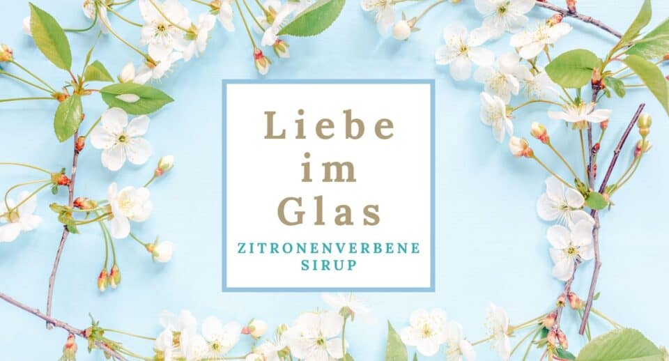 Liebe im Glas: Zitronenverbene Sirup – Titelbild mit Kirschblüten auf hellblauem Grund