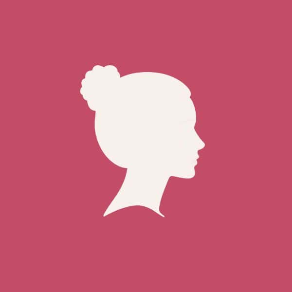 Signet der Serie Frauen der Macht: helle weibliche Silhouette im Profil auf himbeerrotem Grund.