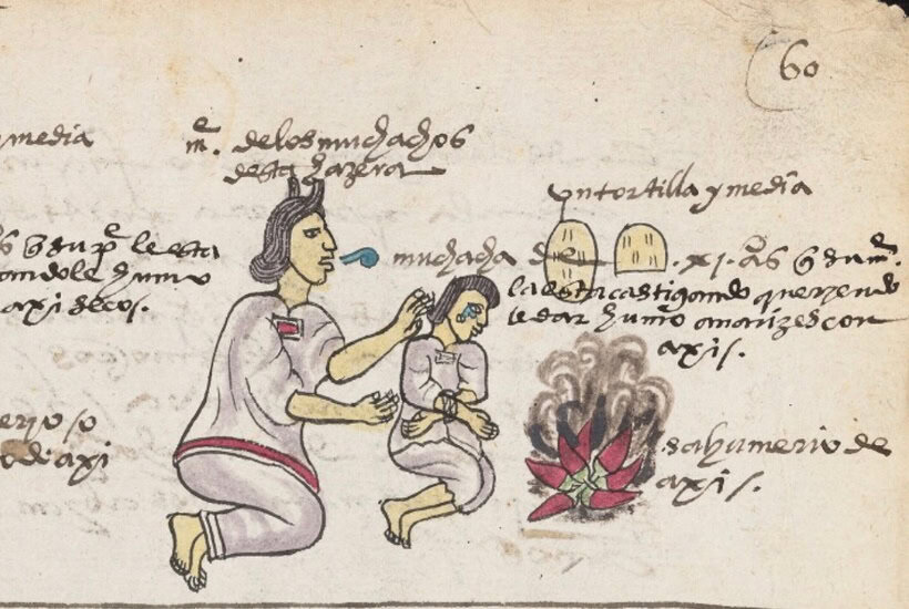 Seite aus einer aztekischen Bilderhandschrift mit spanischen Notizen: Eine Mutter hält ihre weinende Tochter über den Rauch brennender roter Chilischoten. Daneben anderthalb Tortillas, die Tagesration des Kindes.